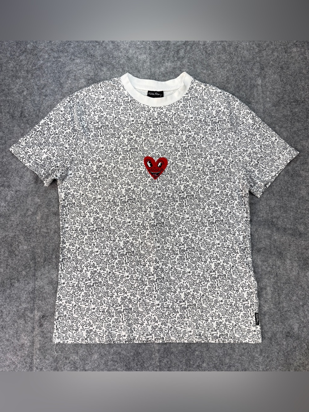 Keith Haring Embroidered Heart Face Print Doodle Graphic White Tshirt Pop Art S
